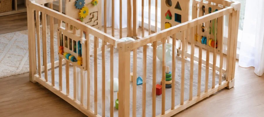 DIY-Laufgitter mit Greif- und Sortierspielen ausstatten