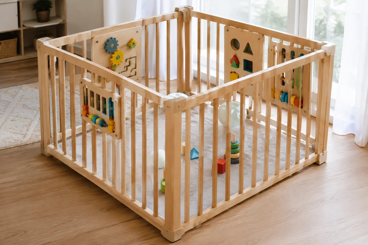 DIY-Laufgitter mit Greif- und Sortierspielen ausstatten